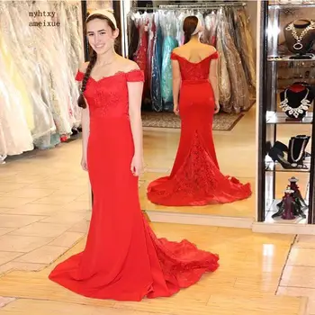 Великолепное длинное вечернее платье в стиле русалки с открытыми плечами и вырезом лодочкой, красное вечернее платье Vestido De Noche, вечерние платья со шлейфом